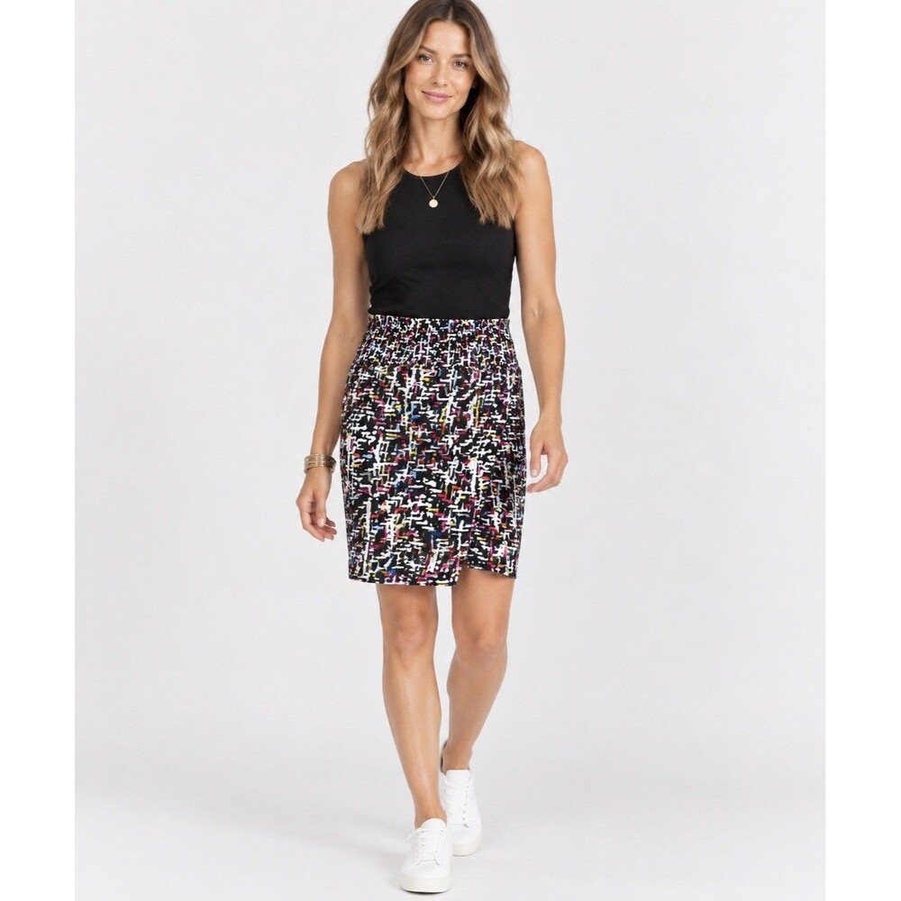 CAbi Faux Wrap Skirt XS Geometric Print Black Multicolor Elastic Waist Mod Art